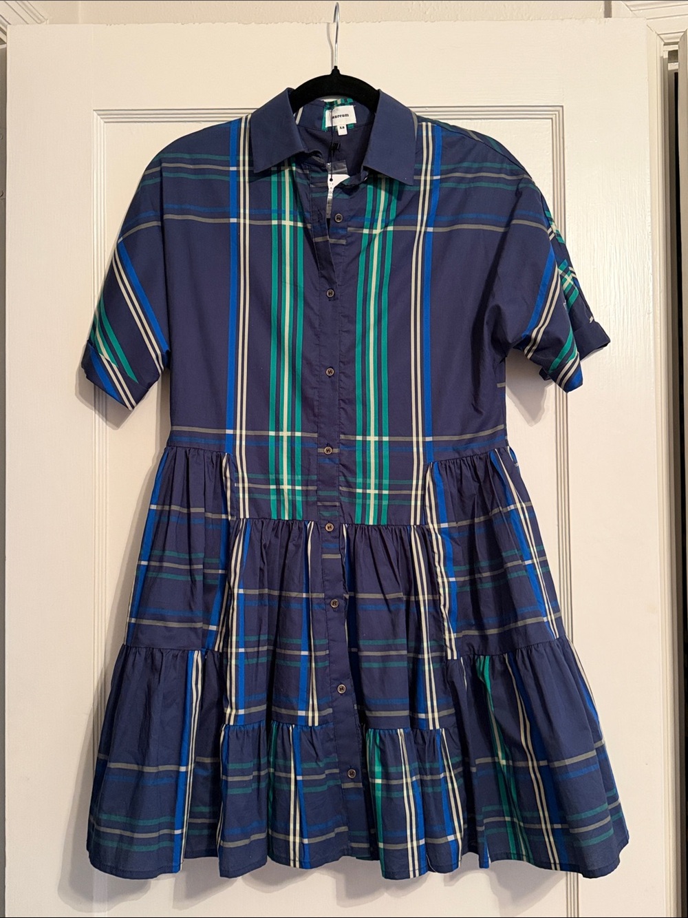 NWT Size XS Navy Plaid Tiered Aureum Dress